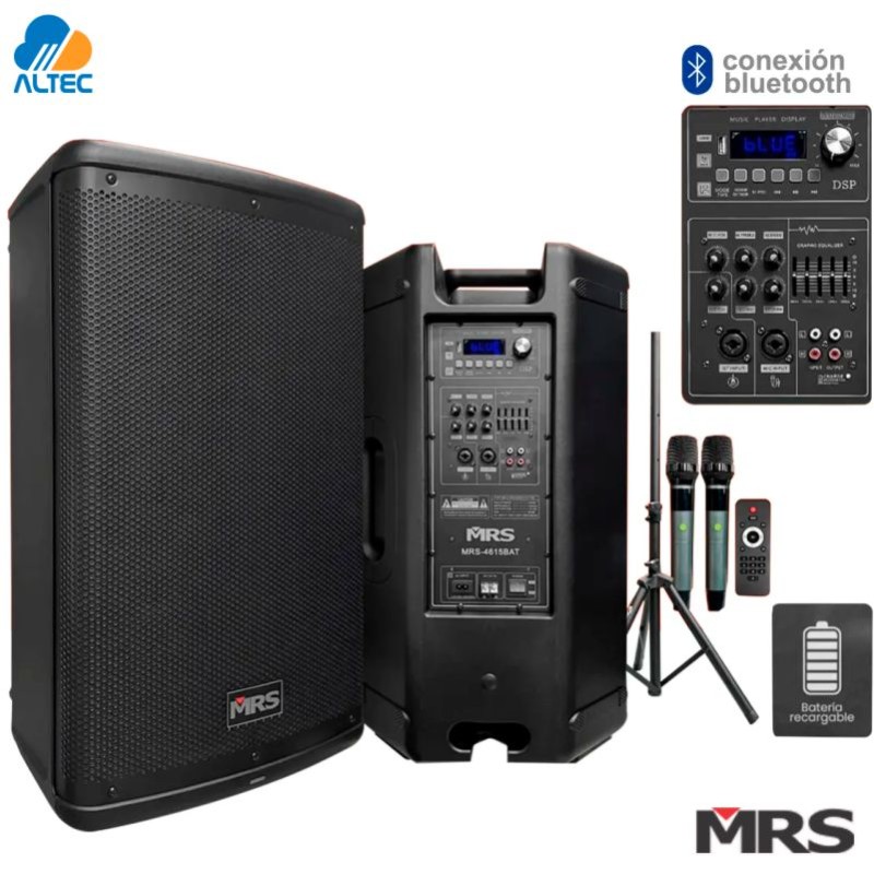MRS MRS-4615BAT - parlante activo PA de 15 pulgadas, bluetooth, usb-mp3, bateria, microfonos, tripode